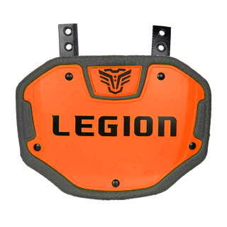 LEGION M-Series Highlight Football Back Plate in orange with black trim and logo