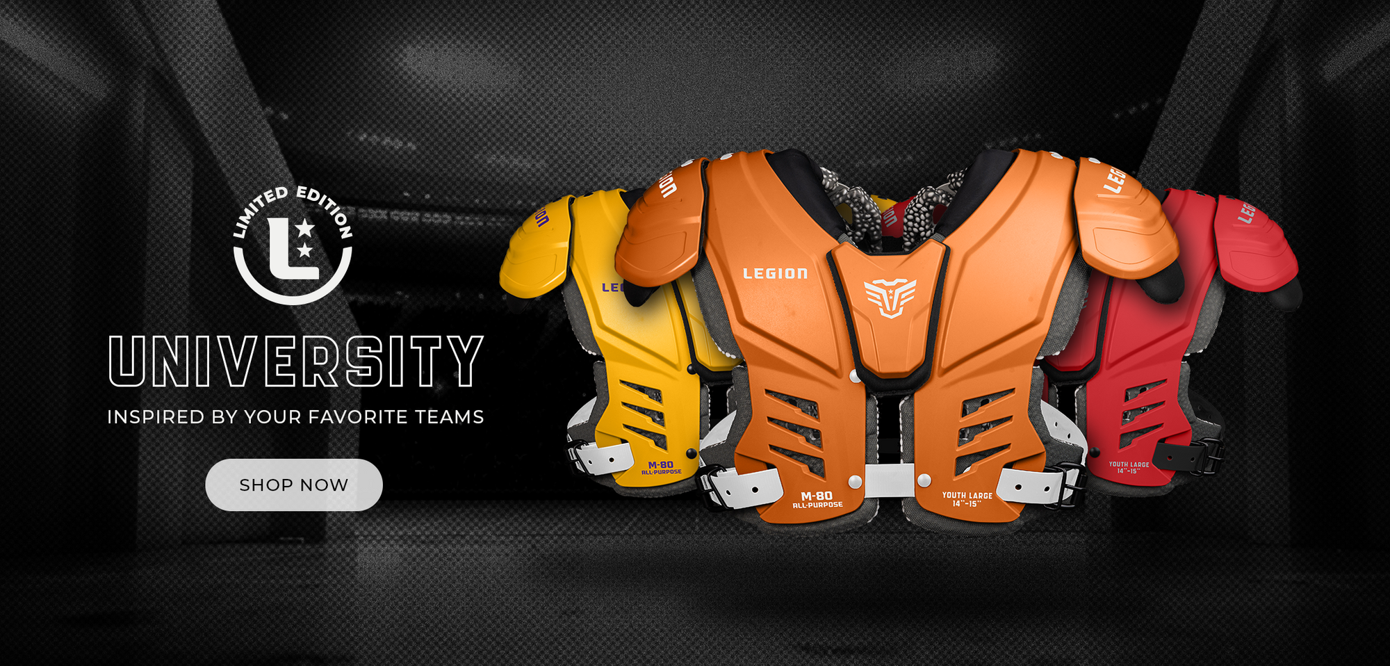 Three Legion M-80 All-Purpose Youth Large shoulder pads in yellow, orange, and red
