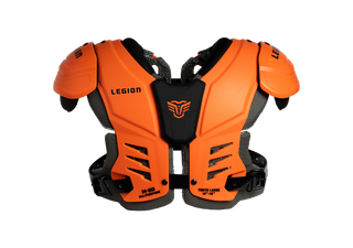 Bright orange and black protective shoulder armor with 'LEGION' branding, shown from the back on a white background.