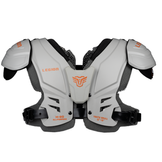 White and black hockey shoulder armor with orange accents, featuring the 'LESION' brand name and logo, shown against a plain white background.