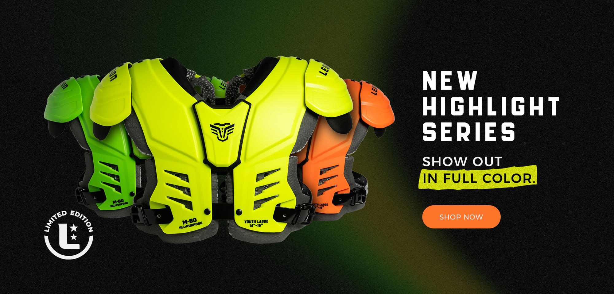 Three football shoulder pads in neon green, yellow, and orange