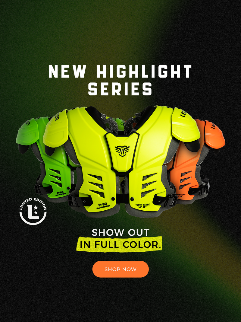 Three football shoulder pads in neon green, yellow, and orange from the Highlight Series