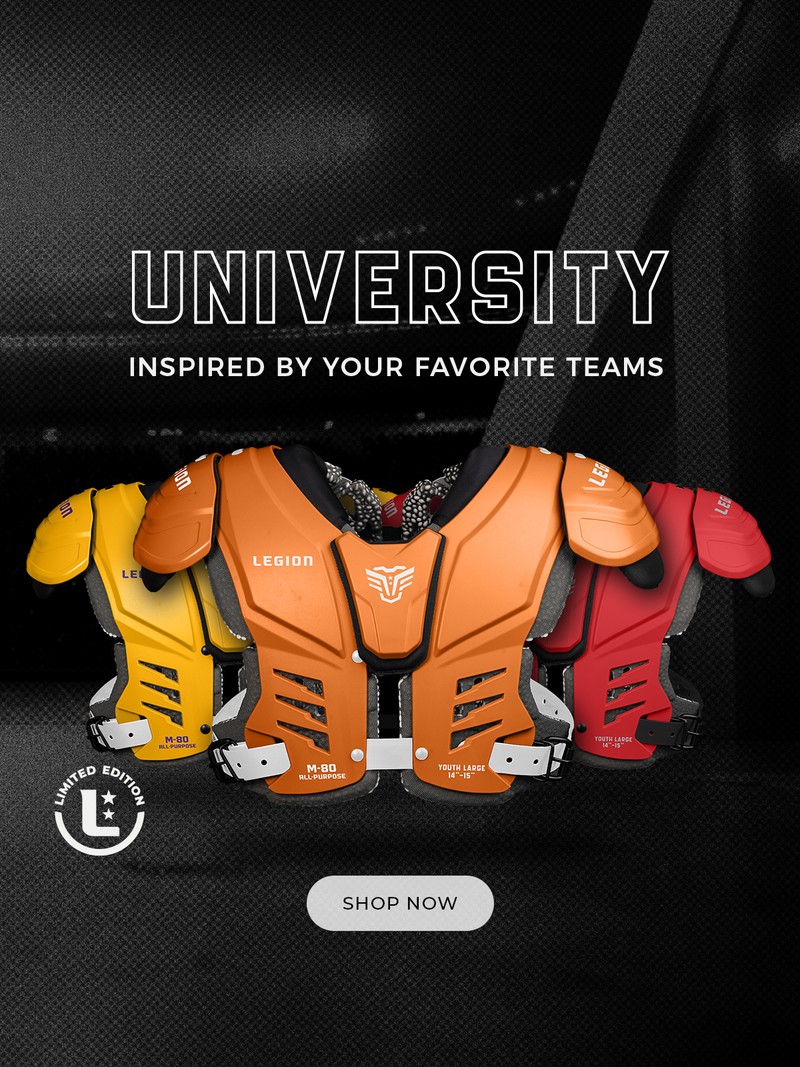 Three Legion M-80 All-Purpose shoulder pads in yellow, orange, and red