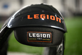 LEGION M-250 Varsity Football Shoulder Pads, close up of LEGION logo on black pad