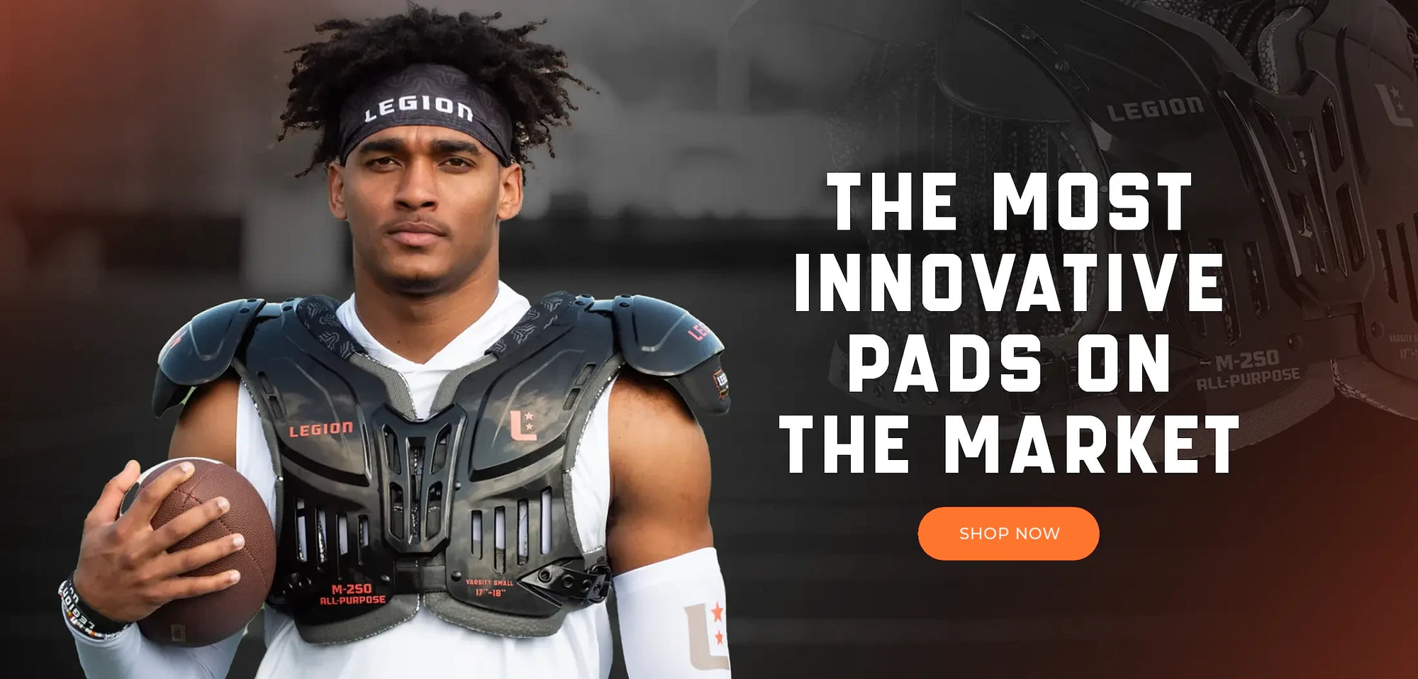 Football player wearing Legion M-250 All-Purpose shoulder pads and holding a football