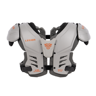 White and gray motorcycle shoulder armor with black straps and orange logo details, shown from the front on a white background.