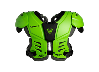 Bright green and black protective sports shoulder armor with 'LEGION' branding, shown against a plain white background.