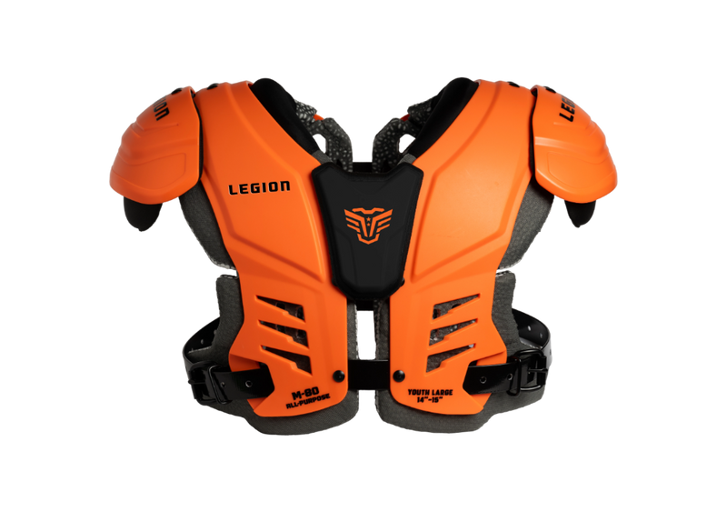 Bright orange and black protective shoulder armor with 'LEGION' branding, shown from the back on a white background.