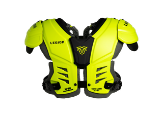 Bright yellow and black protective shoulder armor for sports, featuring the brand name 'LEGION' and a winged logo on a clean white background.