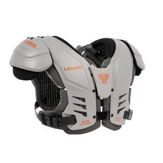 Gray and black protective shoulder armor with orange 'LEGION' branding and a stylized shield logo, shown on a plain white background.