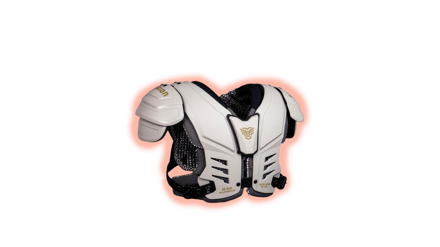 White and gold football shoulder pads with black mesh and straps