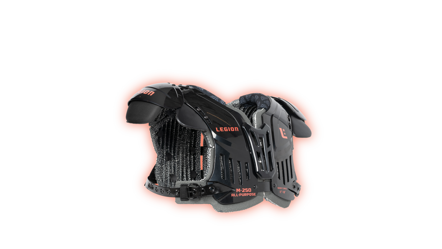 Black Legion M-250 All-Purpose shoulder pads with orange lettering and a red glow